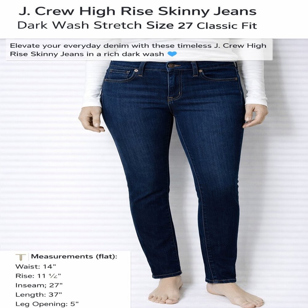 J. Crew High Rise Skinny Jeans Dark Wash Stretch‎ Size 27 Classic Fit